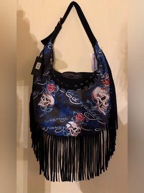 Ed Hardy Large Black & Blue Skull Fringe Shoulder Bag with Red Rose Accents.